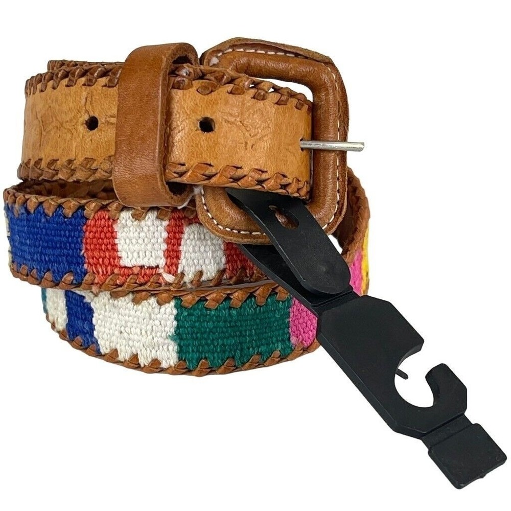 Tooled Leather & Elastic Woven Women's Belt Rainbow Color Fits Medium~Large - Picture 12 of 12